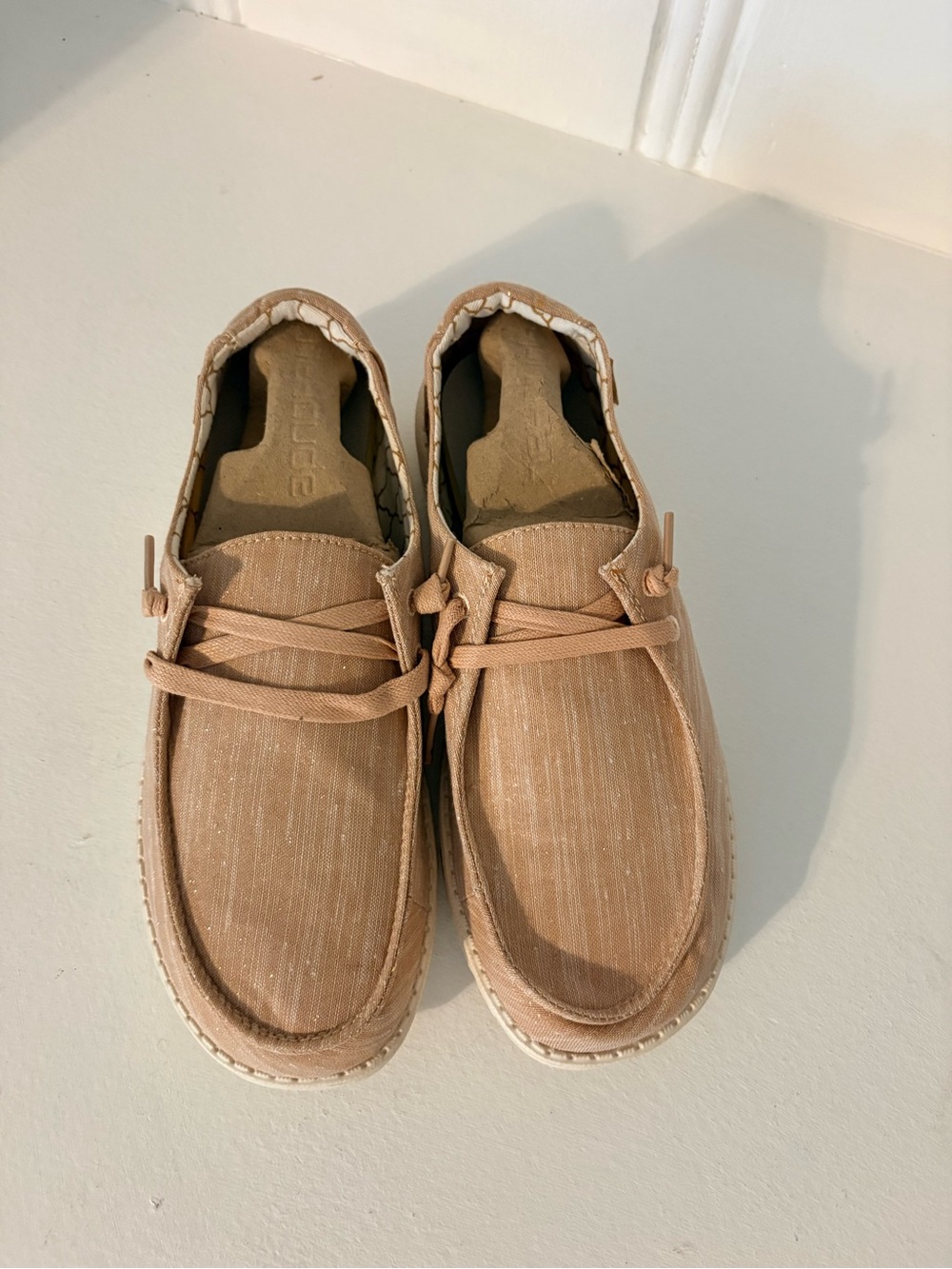 Hey Dude Women's Slip-On Loafers in Tan with gold glitter
